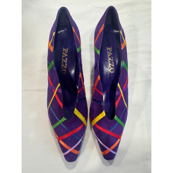 Pazzo Purple Suede & Multicolored Ribbon Size 8B Pump - Picture 2 of 13